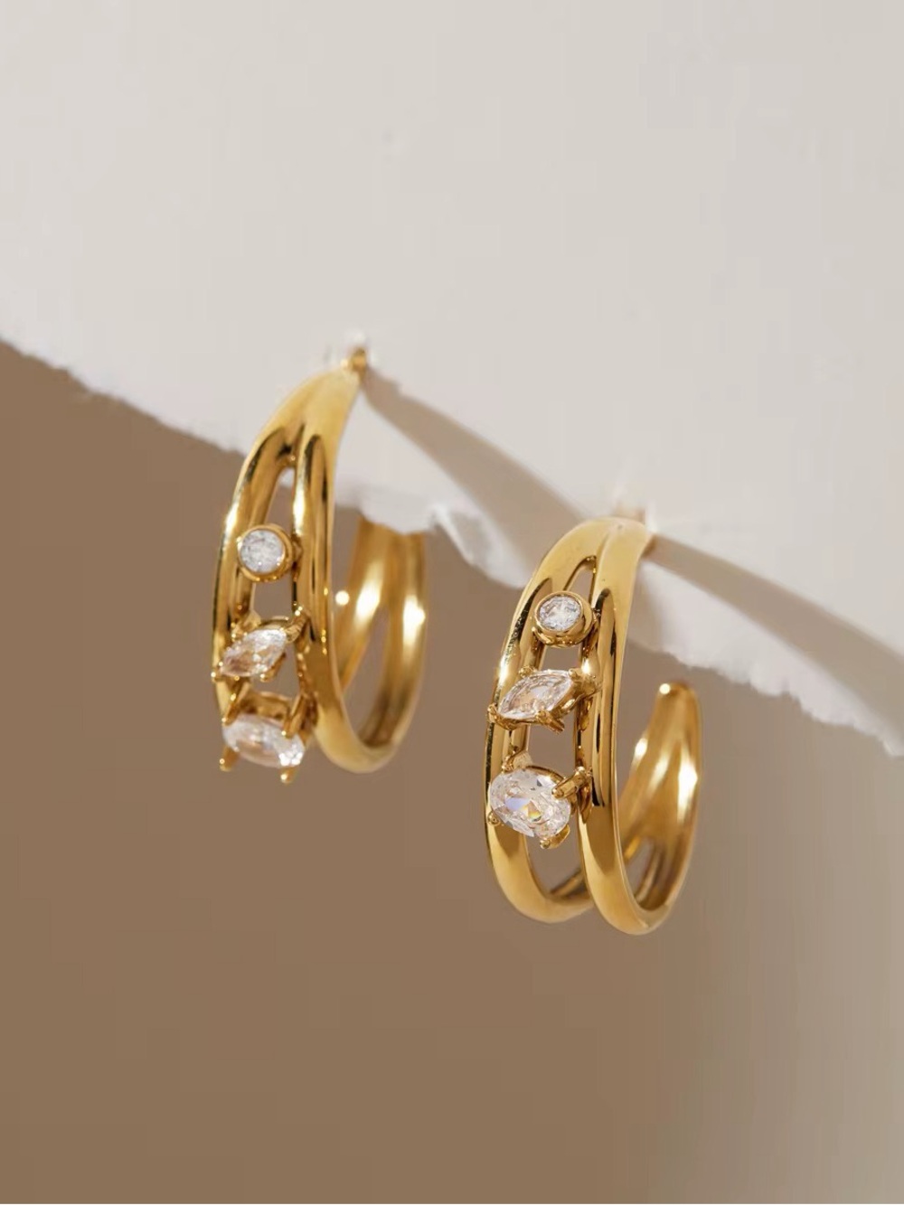 18K Gold Plated Cubic Zirconia Open Double Hoop Earrings